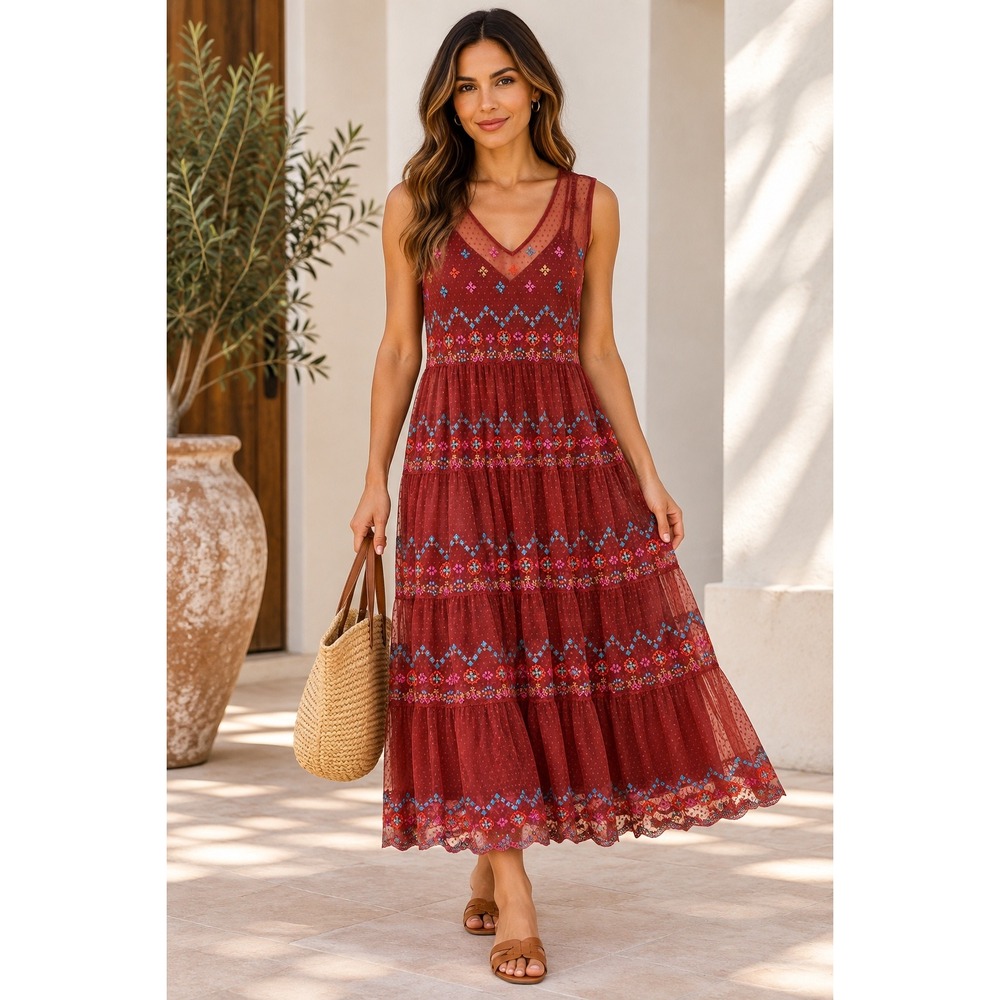 Sundance Women's L Embroidered Mesh Maxi Dress Rust Boho Tiered Festival